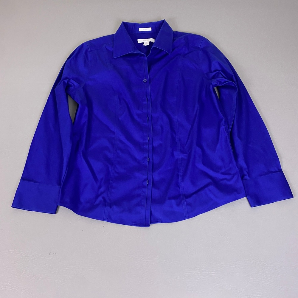 Chicos No-Iron Top Button Up Shirt Size 1 US 8 Royal Blue Long Sleeve Cotton